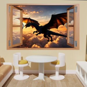 Flying Dragon on Red Sky Decal Poster Self-adhesive Wall Sticker Mural