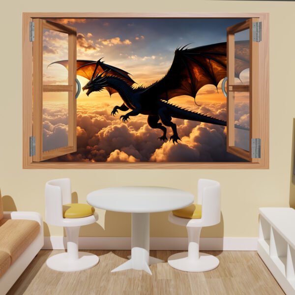Flying Dragon on Red Sky Decal Poster Self-adhesive Wall Sticker Mural