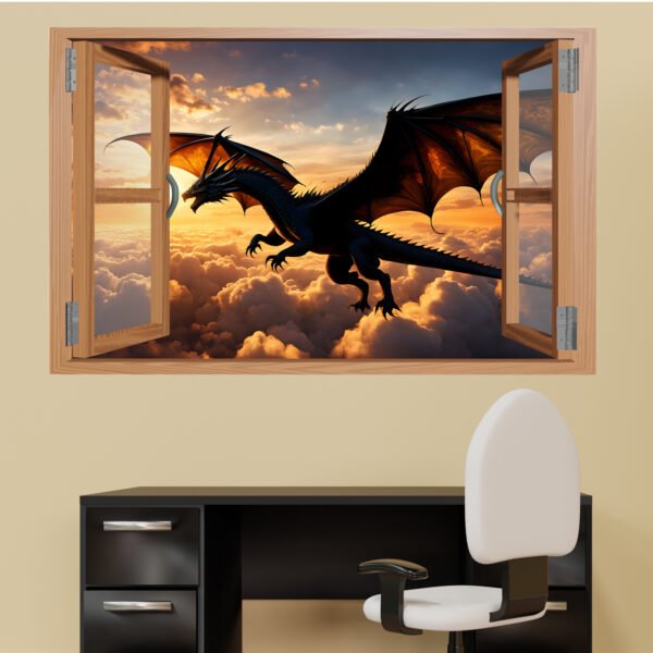 Flying Dragon on Red Sky Decal Poster Self-adhesive Wall Sticker Mural
