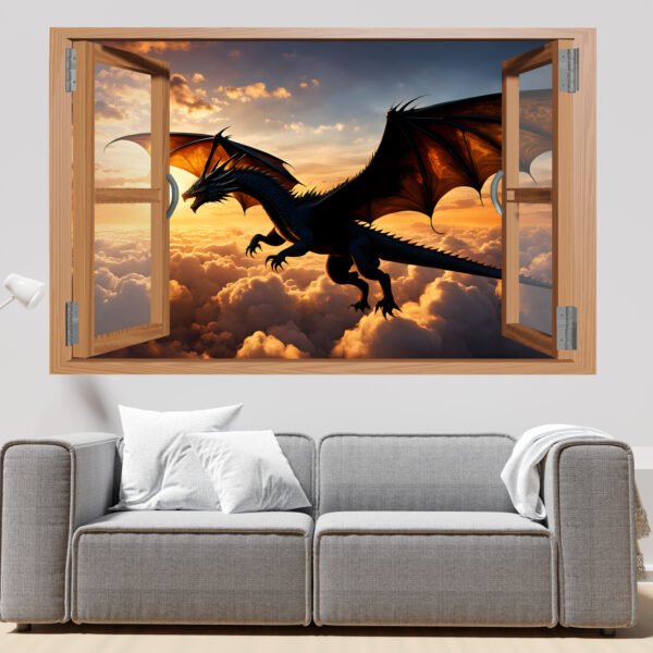 Flying Dragon on Red Sky Decal Poster Self-adhesive Wall Sticker Mural