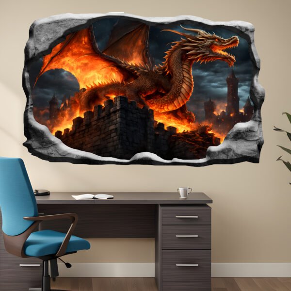 Dragon Destroying Castle Decal Poster Self-adhesive Wall Sticker Mural