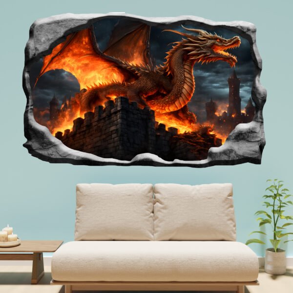 Dragon Destroying Castle Decal Poster Self-adhesive Wall Sticker Mural