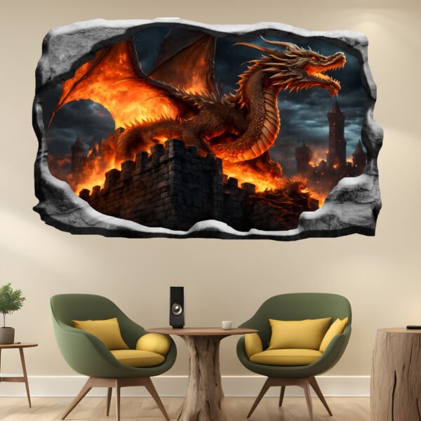 Dragon Destroying Castle Decal Poster Self-adhesive Wall Sticker Mural