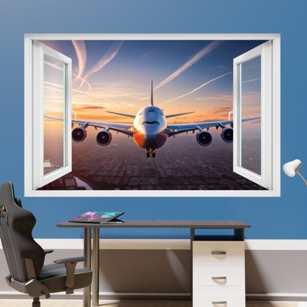Passenger Airplane Over City Wall Sticker Self-adhesive Mural Decal Poster