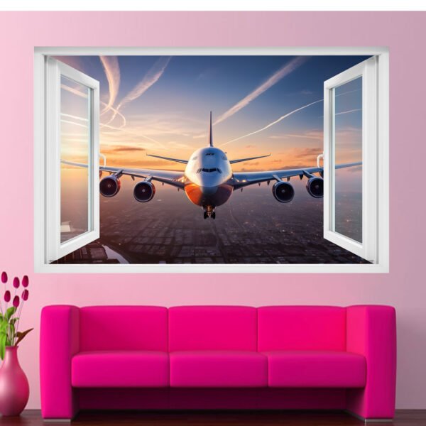 Passenger Airplane Over City Wall Sticker Self-adhesive Mural Decal Poster