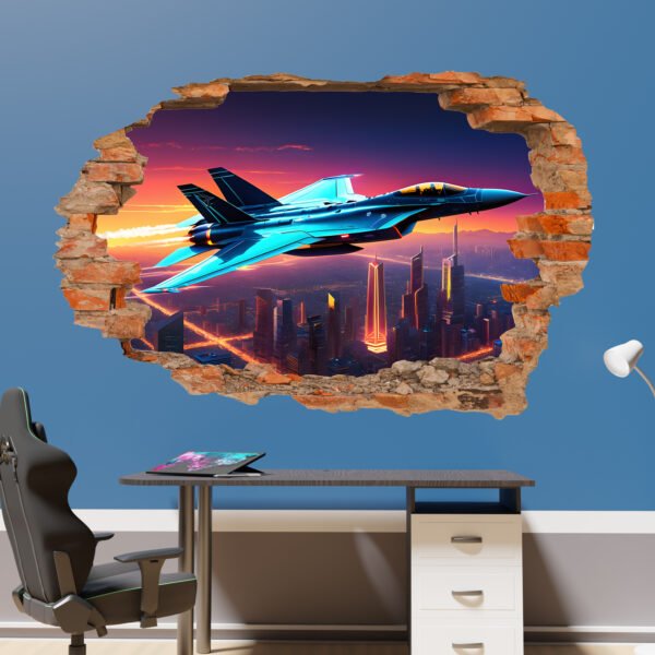 Epic Fighter Jet Over a City Wall Sticker Self-adhesive Mural Decal Poster