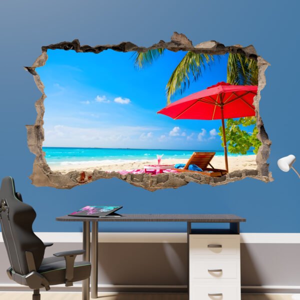 Parasol on Tropical Beach Wall Art Poster Self-adhesive Sticker Decal Mural