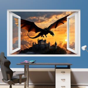 Flying Dragon Over Castle Decal Poster Self-adhesive Wall Sticker Mural