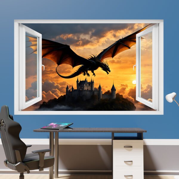 Flying Dragon Over Castle Decal Poster Self-adhesive Wall Sticker Mural