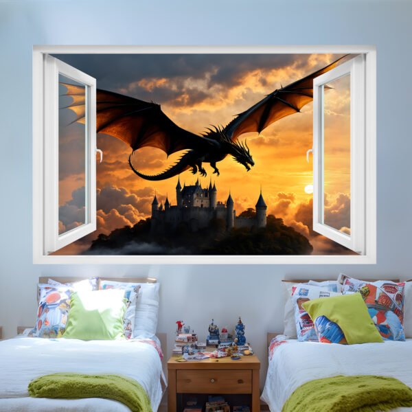 Flying Dragon Over Castle Decal Poster Self-adhesive Wall Sticker Mural