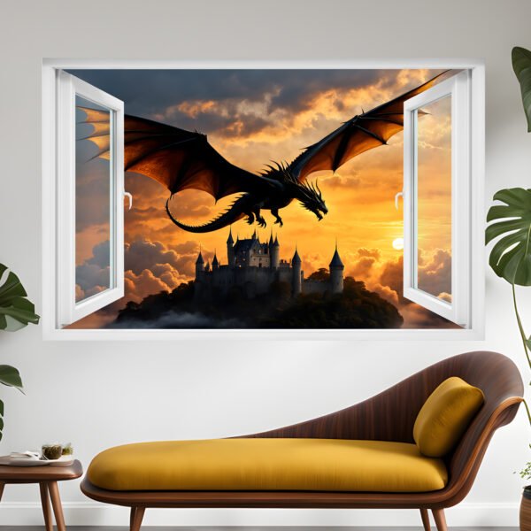 Flying Dragon Over Castle Decal Poster Self-adhesive Wall Sticker Mural