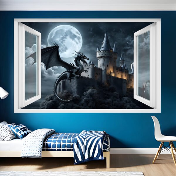 Medieval Castle and Dragon Decal Poster Self-adhesive Wall Sticker Mural